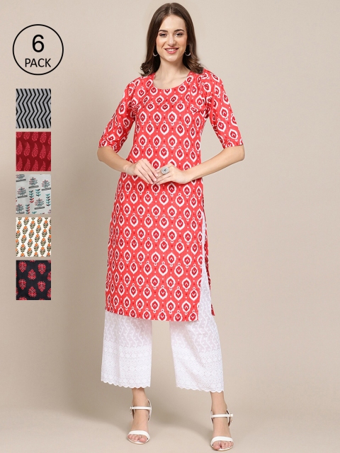 

Ethnic basket Women Pack Of 6 Geometric Printed Summer Sheers Crepe Kurtas, Maroon