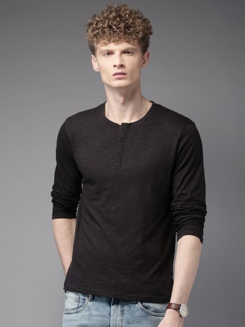 

HERE&NOW Men Charcoal Grey Solid Henley T-Shirt