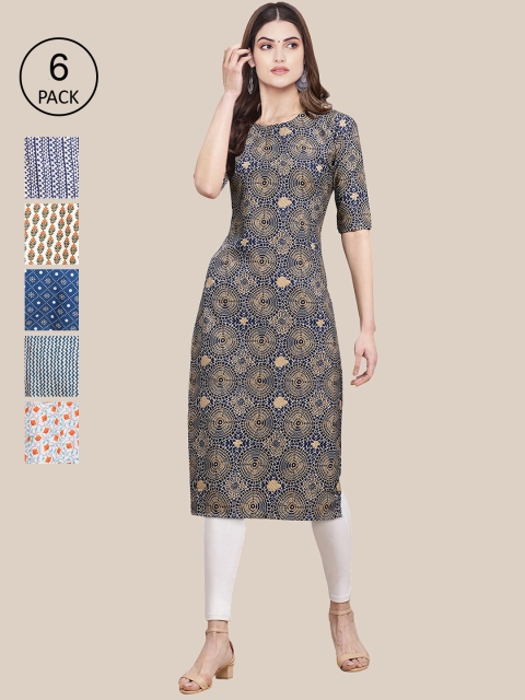 

Ethnic basket Pack Of 6 Women Printed Straight Crepe Kurta, Blue