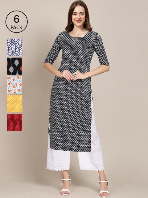 

Ethnic basket Women Pack Of 6 Geometric Printed Summer Sheers Crepe Kurtas, Black