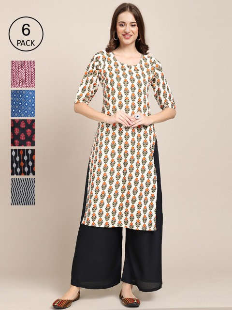 

Ethnic basket Pack Of 6 Women Printed Straight Crepe Kurta, Navy blue