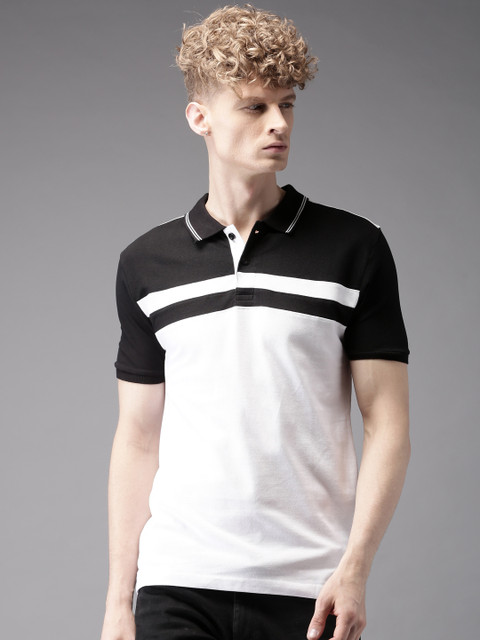 

HERE&NOW Men White & Black Colourblocked Polo T-shirt