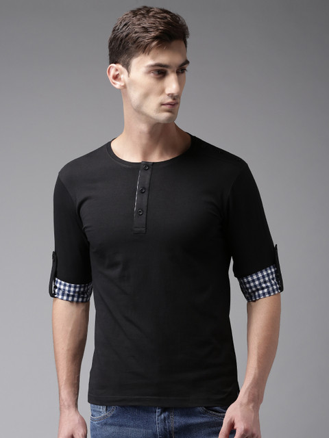 

HERENOW Men Black Solid Henley Pure Cotton T-shirt