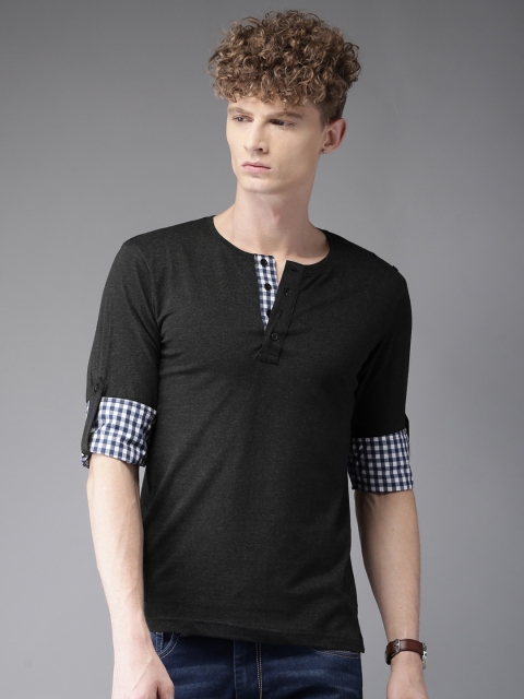 

HERE&NOW Men Charcoal Grey Solid Henley Neck T-shirt