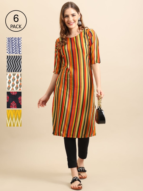 

Ethnic basket Women Pack Of 6 Geometric Printed Summer Sheers Crepe Kurtas, Yellow