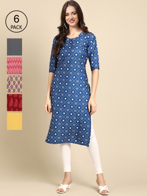

Ethnic basket Women Pack Of 6 Geometric Printed Summer Sheers Crepe Kurtas, Blue