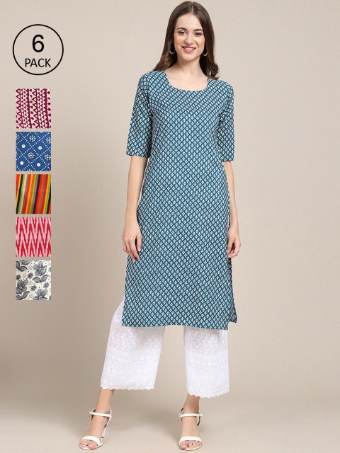 

Ethnic basket Women Pack Of 6 Printed Crepe Straight Kurta, Blue