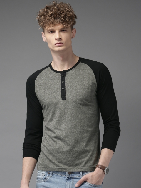 

HERE&NOW Men Grey Melange Solid Henley Neck T-shirt