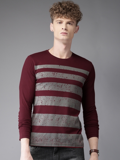

HERE&NOW Men Maroon & Grey Striped Round Neck T-shirt