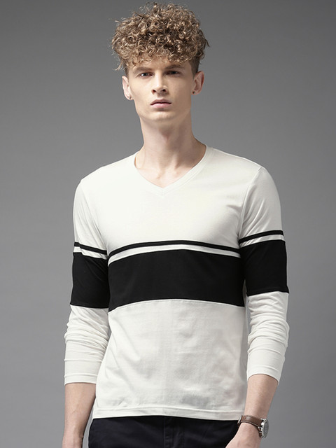 

HERE&NOW Men White & Black Colourblocked V-Neck T-shirt, Na