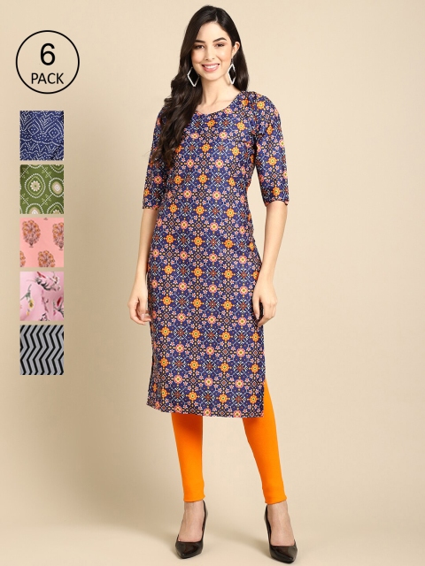 

Ethnic basket Pack Of 6 Women Printed Straight Crepe Kurta, Blue