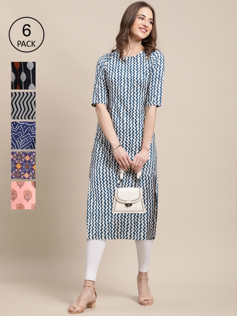 

Ethnic basket Women Pack Of 6 Geometric Printed Summer Sheers Crepe Kurtas, Blue