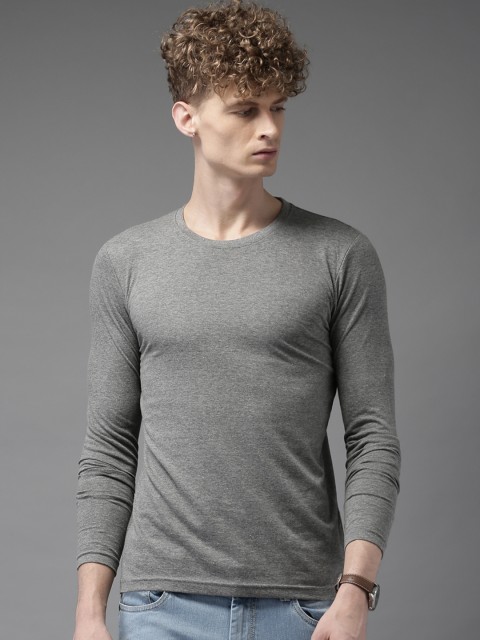 

HERE&NOW Men Grey Melange Solid Round Neck T-shirt