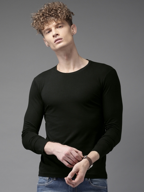 

HERE&NOW Men Black Solid Round Neck T-shirt, Na