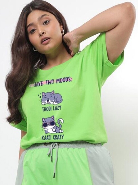 

Bewakoof Women Plus size Green Typography Printed Loose T-shirt