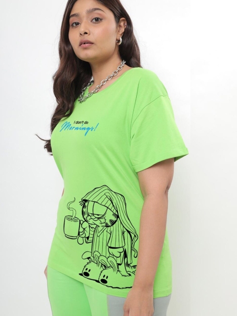 

Bewakoof Women Green Printed V-Neck Applique Loose T-shirt