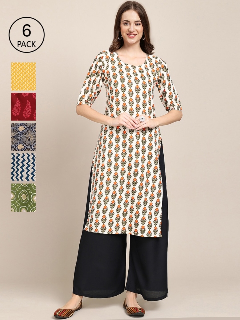 

Ethnic basket Women Pack Of 6 Printed Crepe Straight Kurta, Blue