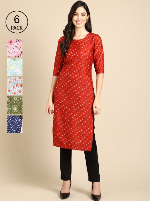 

Ethnic basket Pack Of 6 Women Printed Summer Straight Kurta, White