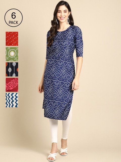 

Ethnic basket Women Pack Of 6 Printed Keyhole Neck Summer Sheers Crepe Kurtas, Blue