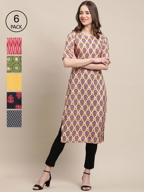 

Ethnic basket Women Pack Of 6 Printed Crepe Straight Kurta, Black