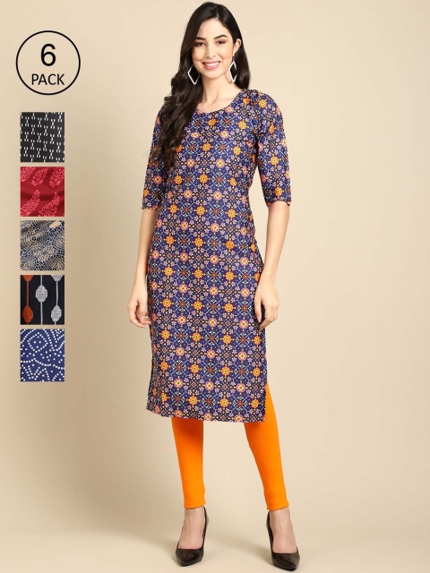 

Ethnic basket Women Pack Of 6 Printed Summer Sheers Crepe Kurtas, Blue