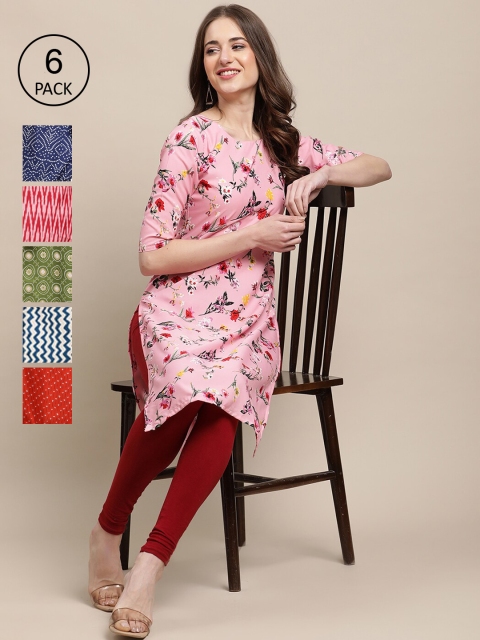 

Ethnic basket Pack Of 6 Women Printed Straight Crepe Kurta, Red