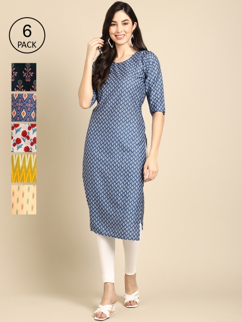 

Ethnic basket Women Pack Of 6 Printed Crepe Straight Kurta, Blue