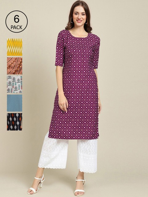 

Ethnic basket Women Pack Of 6 Printed Summer Sheers Crepe Kurtas, Purple