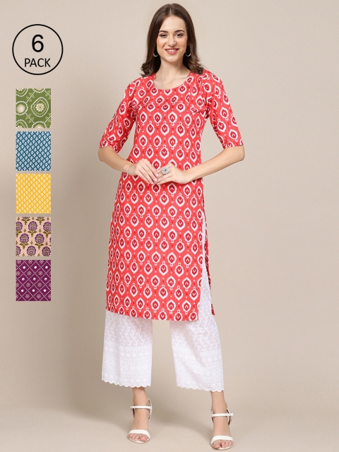 

Ethnic basket Women Pack Of 6 Printed Summer Sheers Crepe Kurtas, Coral
