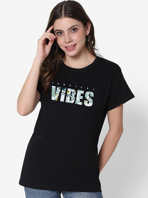 

Bewakoof Women's Black Tropical Vibes Typography Boyfriend T-shirt
