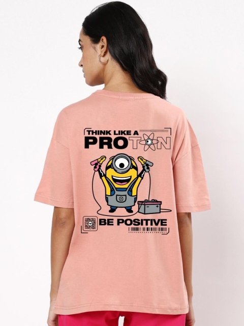 

Bewakoof Women Peach-Coloured Printed Drop-Shoulder Sleeves Loose T-shirt