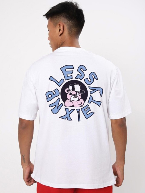 

Bewakoof Men White Typography Mandarin Collar Applique Loose T-shirt