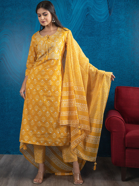 

BEATITUDE Women Yellow Floral Embroidered Pure Cotton Kurti with Trousers & With Dupatta