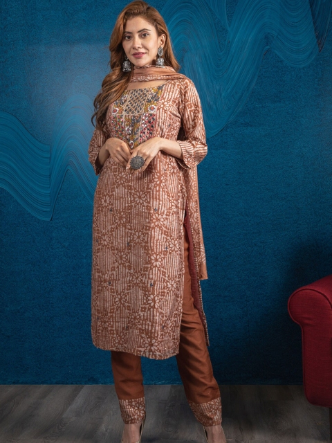 

BEATITUDE Women Brown Floral Printed Kurta with Trousers & With Dupatta