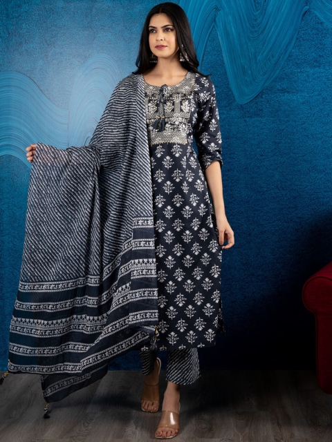 

BEATITUDE Women Navy Blue Pure Cotton Kurta with Trouser & Dupatta