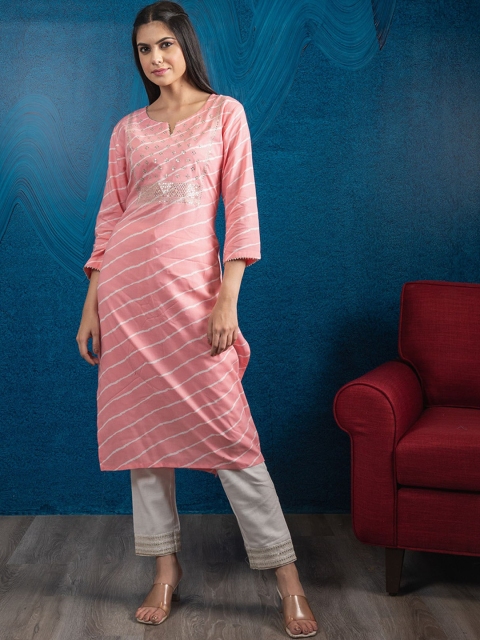 

BEATITUDE Women Pink Leheriya Yoke Embroidered Kurta with Trouser