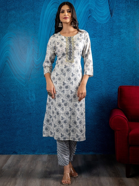 

BEATITUDE Women White Floral Printed Kurta with Trousers