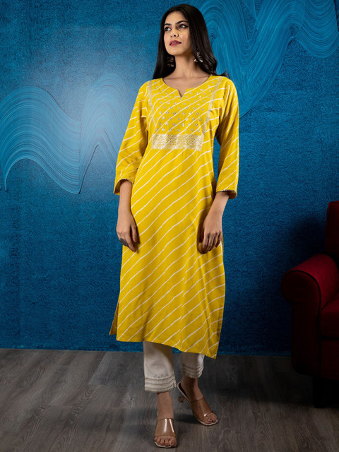 

BEATITUDE Women Yellow Leheriya Striped Sequinned Kurta with Trousers