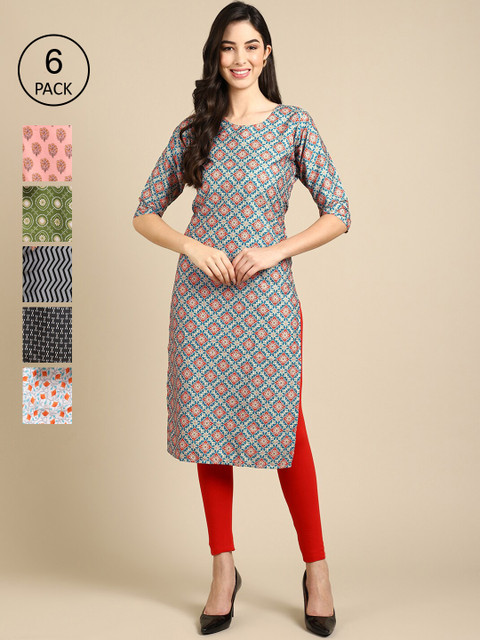 

1 Stop Fashion Pack Of 6 Women Printed Straight Crepe Kurta, Black