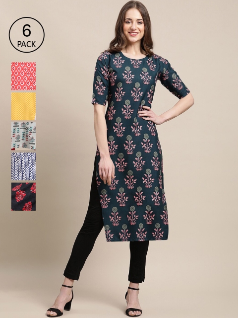 

1 Stop Fashion Pack Of 6 Women Printed Straight Crepe Kurta, White