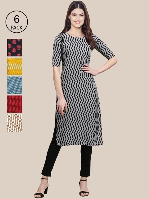 

1 Stop Fashion Pack Of 6 Women Printed Straight Crepe Kurta, Black