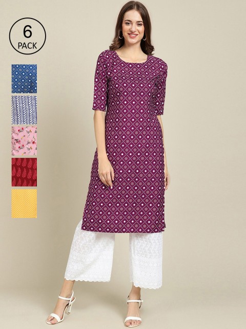

1 Stop Fashion Pack Of 6 Women Printed Straight Crepe Kurta, Blue
