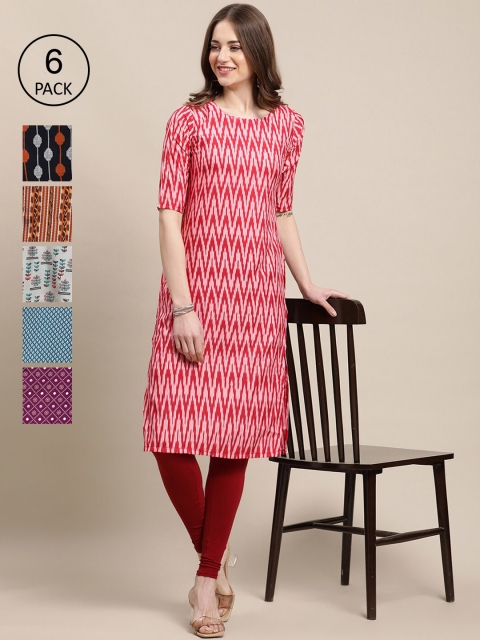 

1 Stop Fashion Women Pack of 6 Geometric Printed Summer Sheers Crepe Kurtas, Red