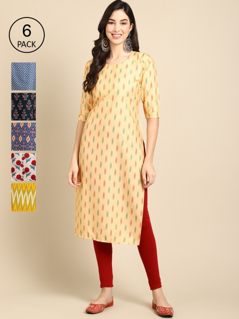

1 Stop Fashion Women Pack Of 6 Printed Crepe Straight Kurta, Blue
