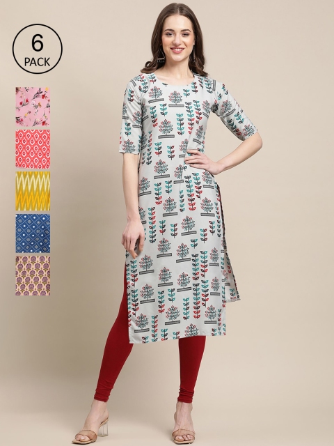 

1 Stop Fashion Women Pack of 6 Floral Printed Summer Sheers Crepe Kurtas, Pink