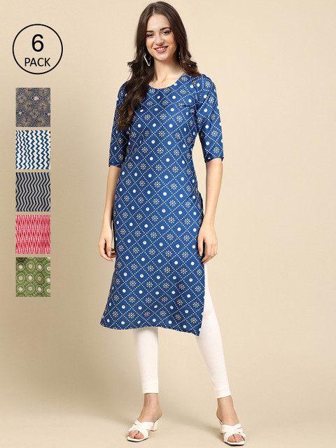 

1 Stop Fashion Pack Of 6 Women Printed Straight Crepe Kurta, Blue