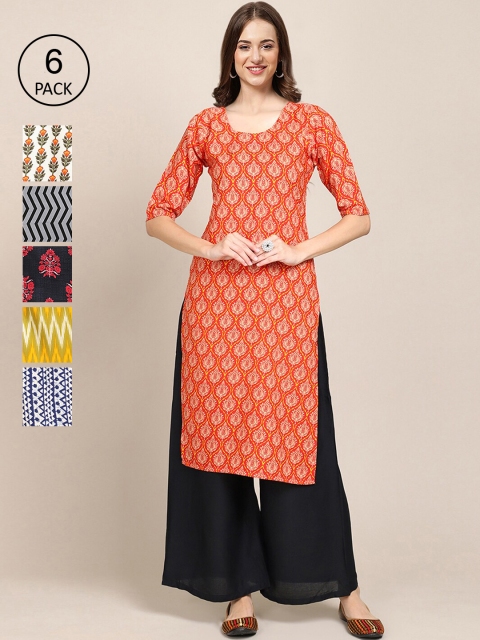 

1 Stop Fashion Women Pack Of 6 Printed Crepe Straight Kurta, Blue