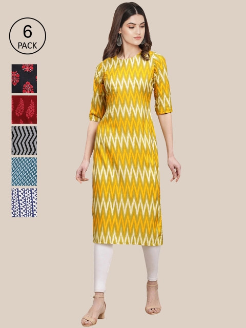 

1 Stop Fashion Women Pack of 6 Geometric Printed Summer Sheers Crepe Kurtas, Yellow