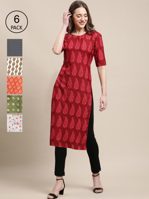 

1 Stop Fashion Pack Of 6 Women Printed Straight Crepe Kurta, Red