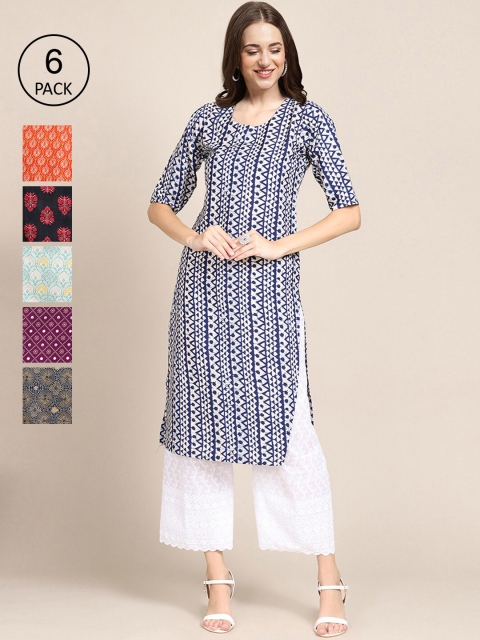 

1 Stop Fashion Women Pack Of 6 Printed Crepe Straight Kurta, Blue